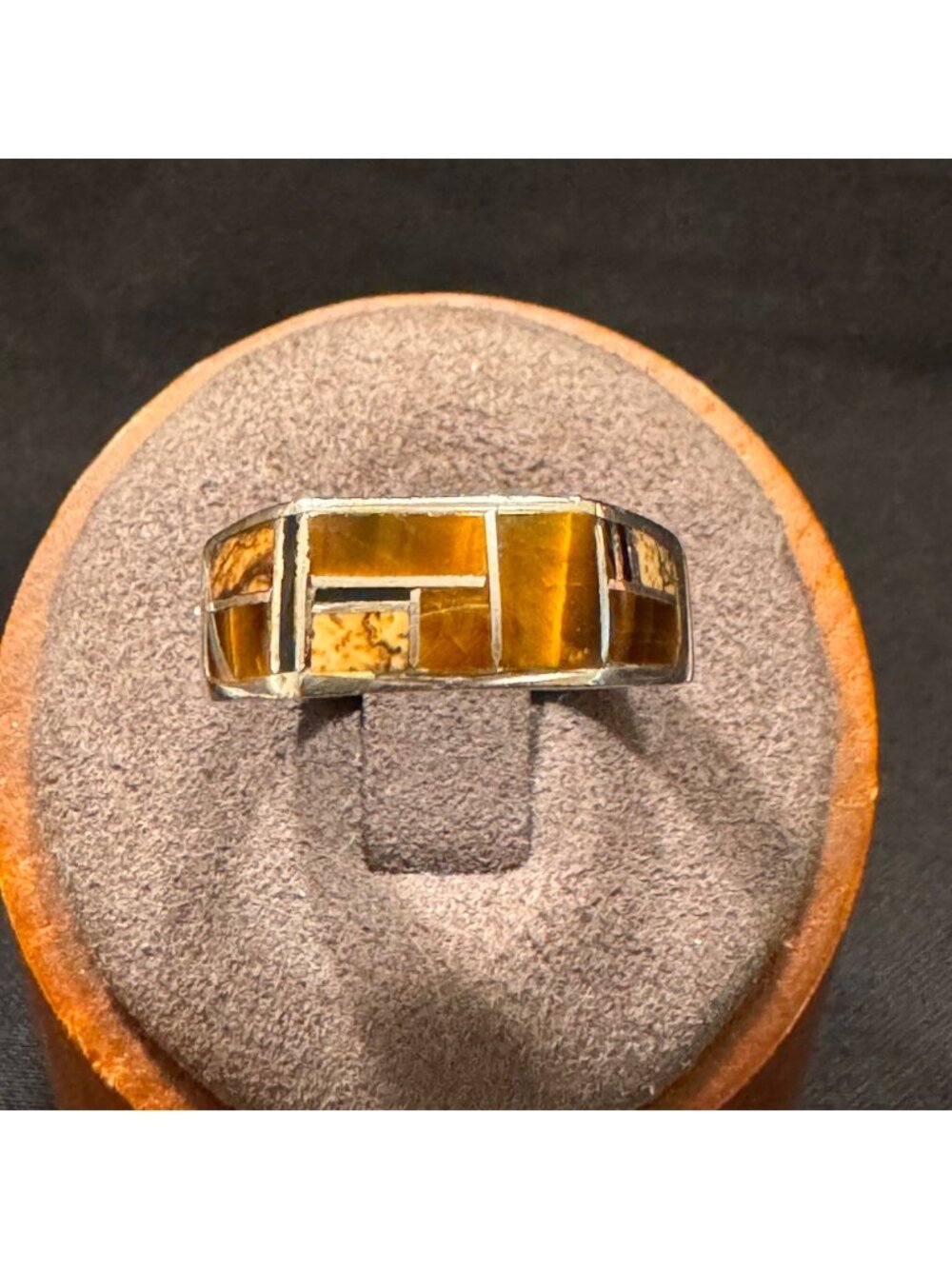 Solid Sterling Silver 925 Tiger's Eye & Jasper Inlay Band Ring Size 7